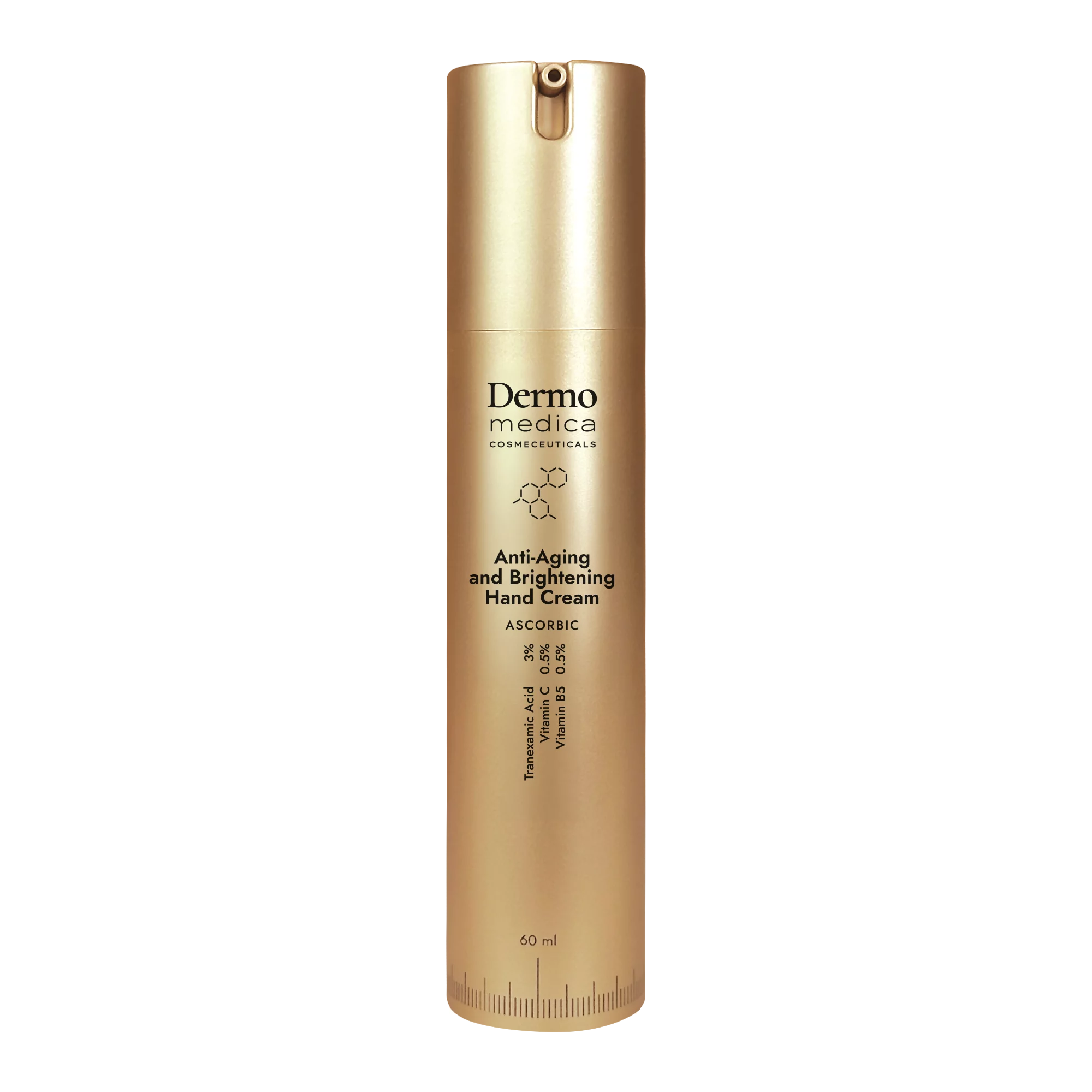 Anti-Aging and Brightening Hand Cream i elegant tube på lys bakgrunn – luksuriøs håndkrem med C-vitamin og traneksamsyre.