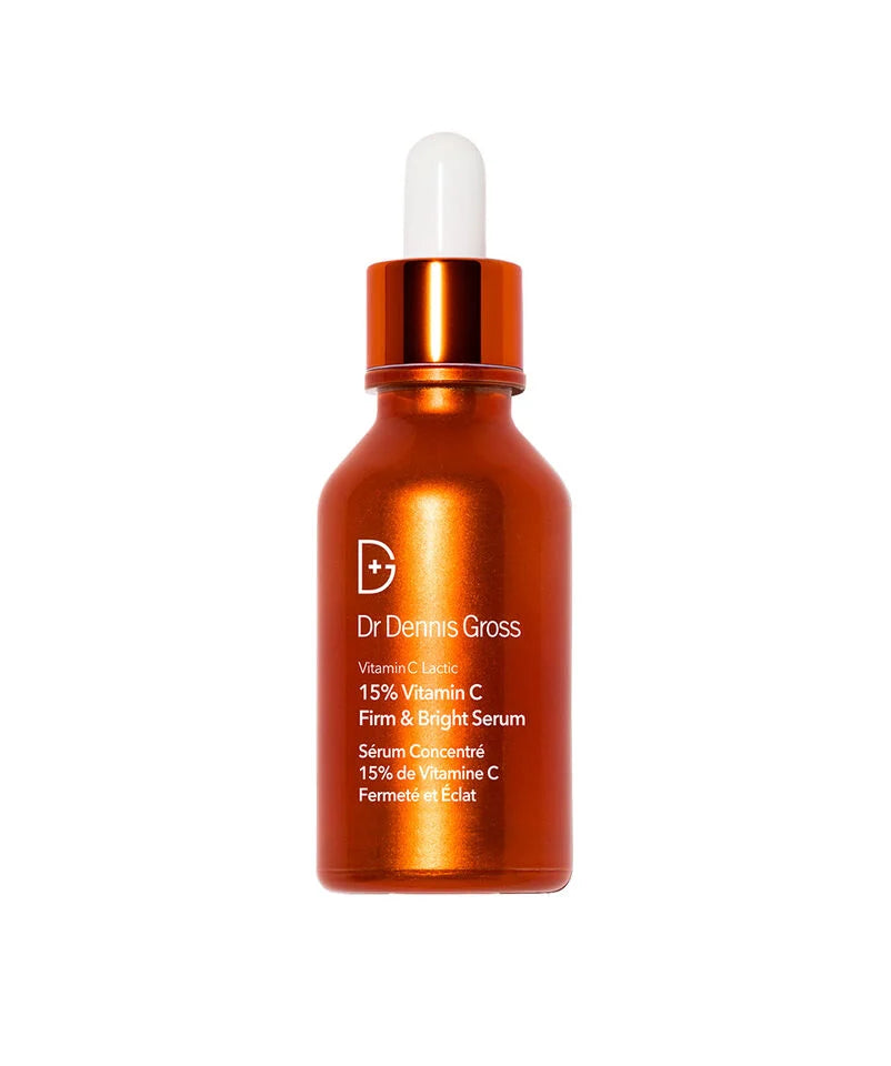 Flaske med 15% Vitamin C Firm & Bright Serum fra Dr Dennis Gross, et oppstrammende og utjevnende serum for huden.